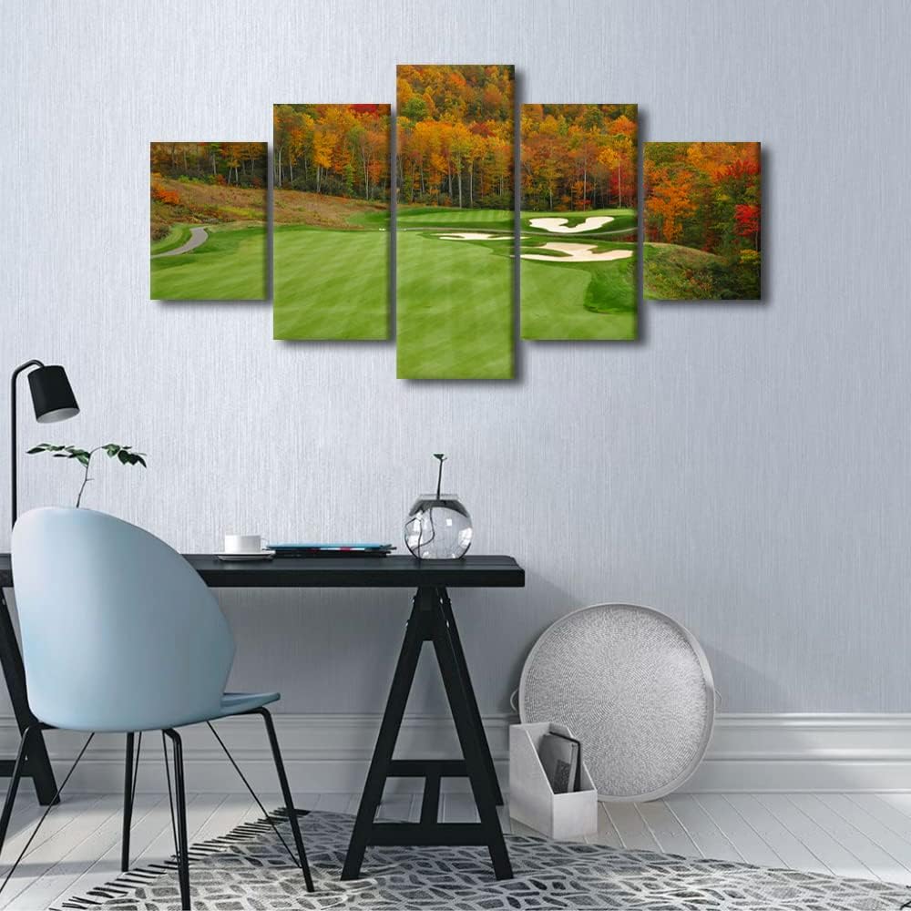 Golf Course Paintings Green Fairway Wall Art 5 Panel Printed on Canvas for Living Room Golfing Sport Pictures Contemporary Artwork Modern Home Decor Giclee Framed Stretched Ready to Hang - 60"W x 32"H