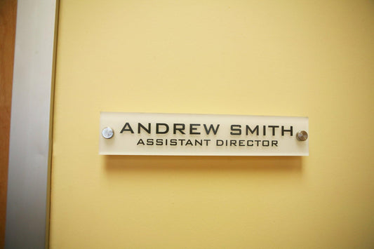 Personalized Office Wall Name Plate Sign. Modern Stainless Steel Legs (Frosted White)