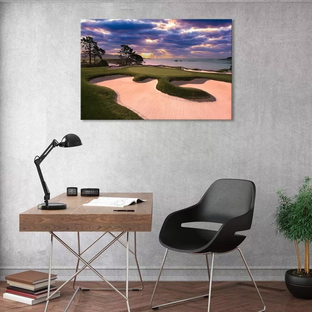 chenchenArt Pebble Beach Golf Course Wall Art for Living Room Bedroom Bathroom Home Decorations Golf Course Picture Poster Wall Decor for Office Canvas Prints Framed Ready to Hang(12''H x 16''W)