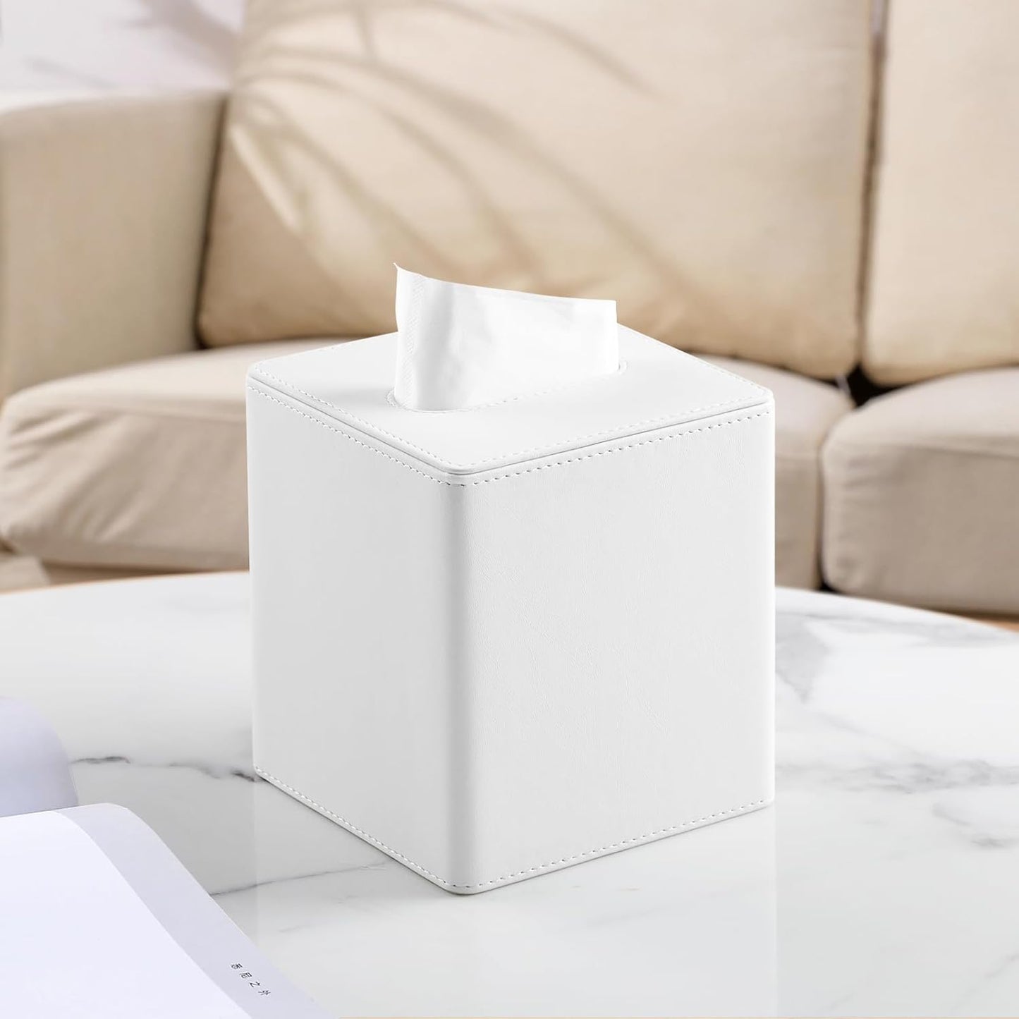PU Leather Tissue Box Cover Square Tissue Box Holder with Magnetic Closure (White)