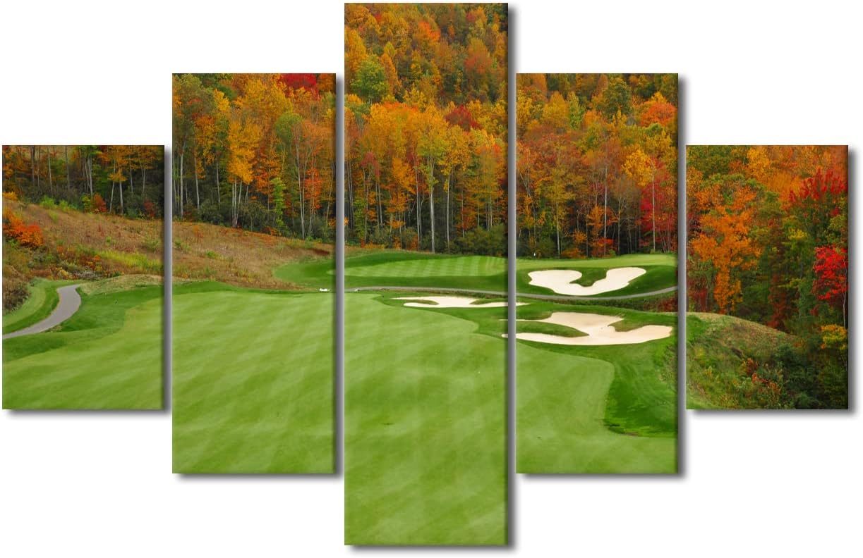 Living Room Decorations for Wall Golf Course Pictures Golf Course Paintings Landscape Artwork 5 Piece Green Canvas Wall Art House Modern Decor Posters and Prints Framed Giclee Ready to Hang- 0"Wx40"H