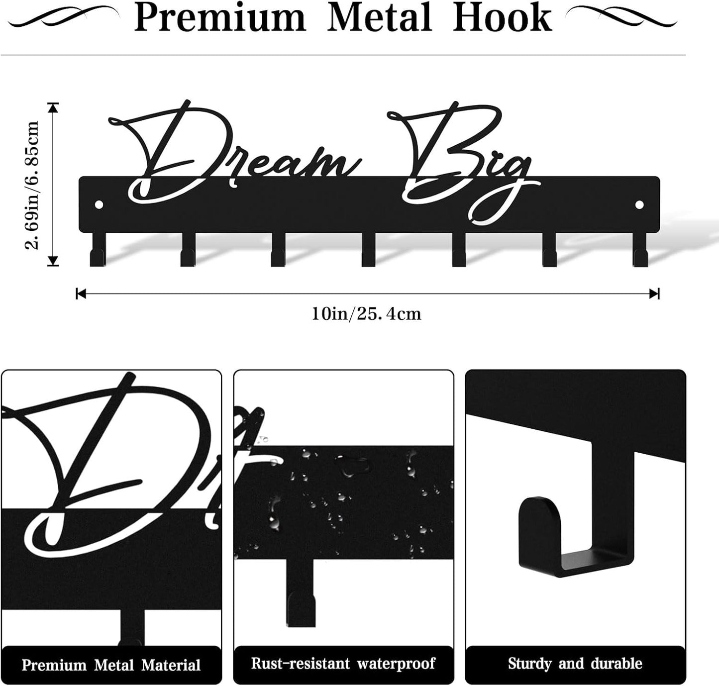 10 Inch Key Holder for Wall, Black Metal House Decoration Key Hooks, Phrase Style(Dream Big), Key Hanger Organizer with 7 Hooks, Suitable for Doors, Corridors, Living Rooms, Bedrooms