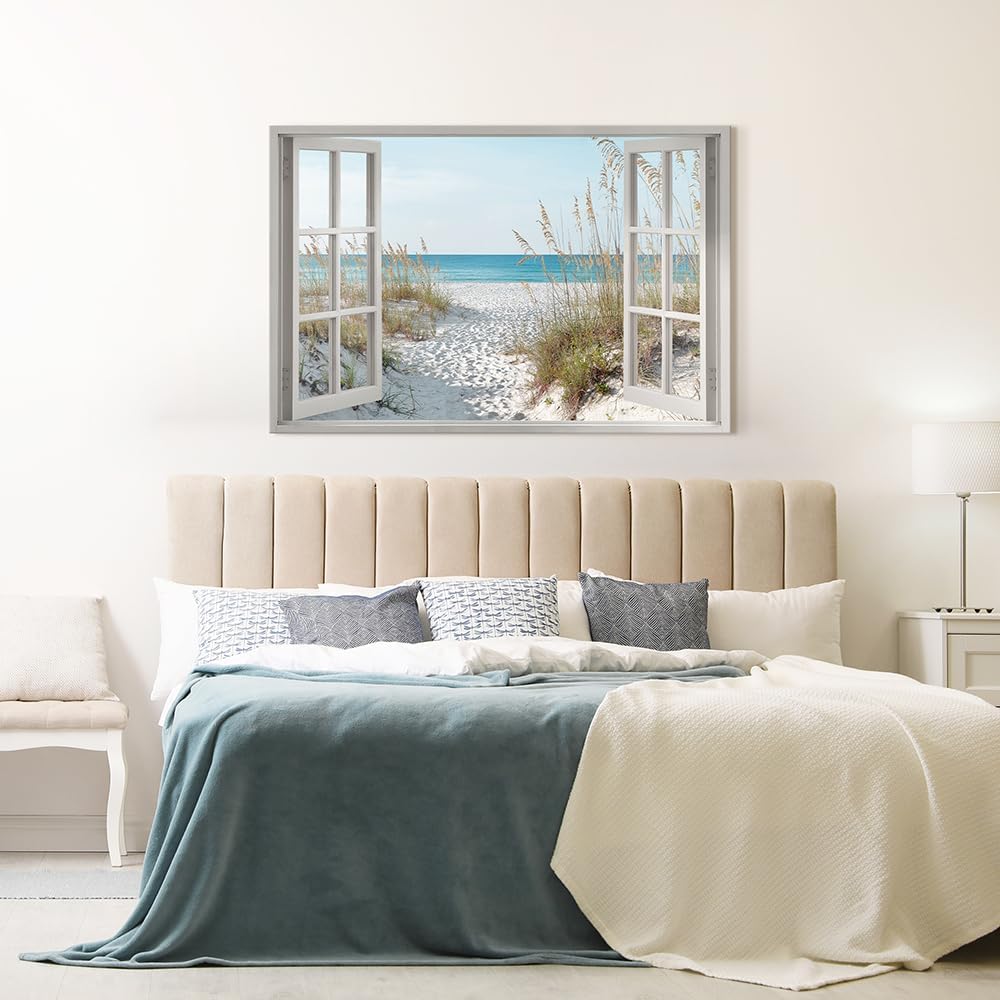 beach wall art window picture: coastal canvas artwork seascape scene prints looking out fake window wall decor for bedroom 45"x30"