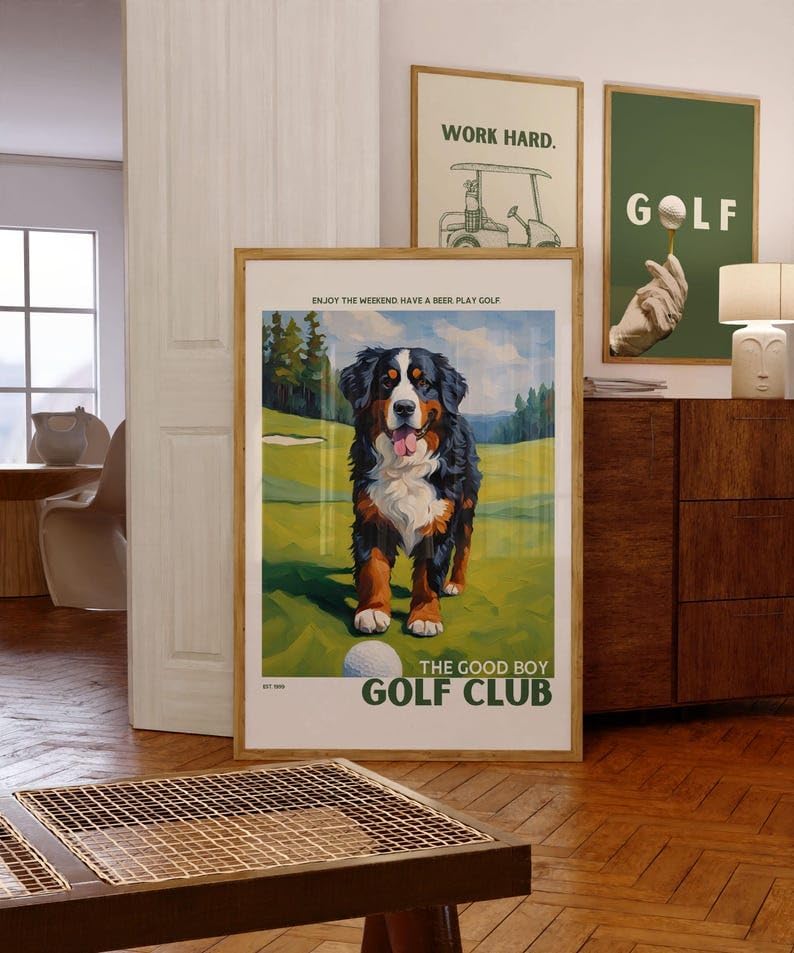 Golf Wall Art Print, Bernese Mountain Dog on Golf Course, Colorful Impasto Painting, Trendy Sports Poster, Unique Golf Course Poster for Collectors and Sports Fans, Home Decor (Unframed) (20x30)