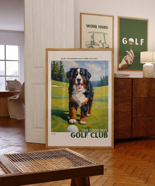 Golf Wall Art Print, Bernese Mountain Dog on Golf Course, Colorful Impasto Painting, Trendy Sports Poster, Unique Golf Course Poster for Collectors and Sports Fans, Home Decor (Unframed) (24x36)