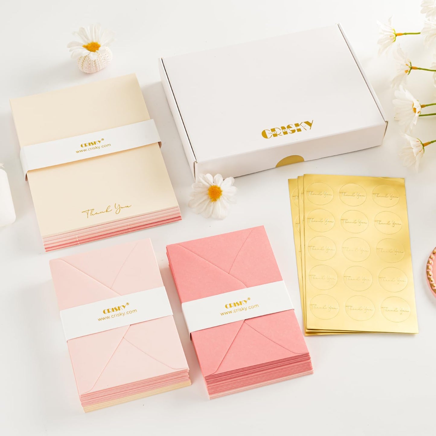 Crisky Pink Thank You Cards with Envelopes & Stickers， 50 Pack Bridal Shower Graduation Thank You Cards Small Business, Wedding Baby Shower Birthday Funeral Notes Bulk