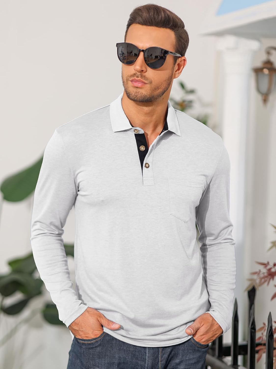 Mens Long Sleeve Polo Shirts Casual Moisture Wicking Golf Polo Shirts with Pocket