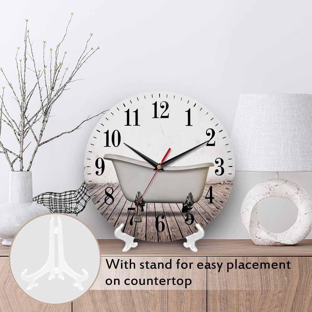 Mxocom Vintage Bathtub Wall Clock Bathroom White Old Wall Wood Floor 10 Inch Silent Non Ticking Battery Operated Clock Vintage Round Clock for Living Room Bedroom Bathroom Office Decor