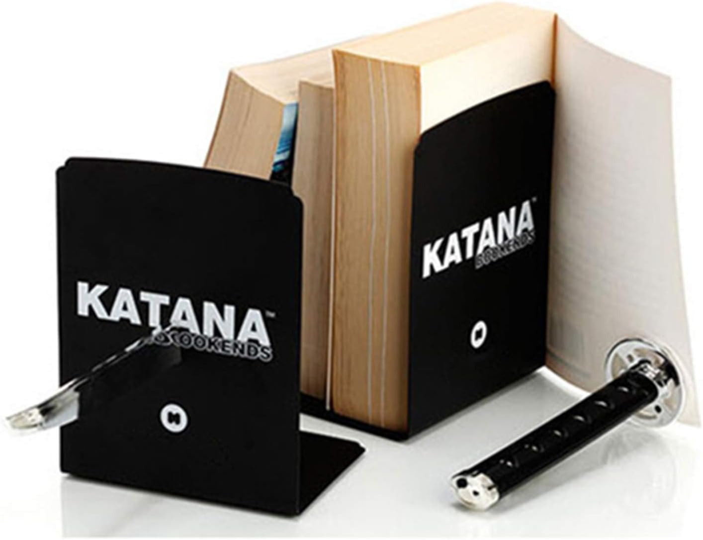 Book Ends Decorative, Modern Metal Funny Unique Black DVD Bookends for Shelves, Katana Book Stopper Holder for Office Home, Desk Gifts Book Stands for Men and Book Lovers