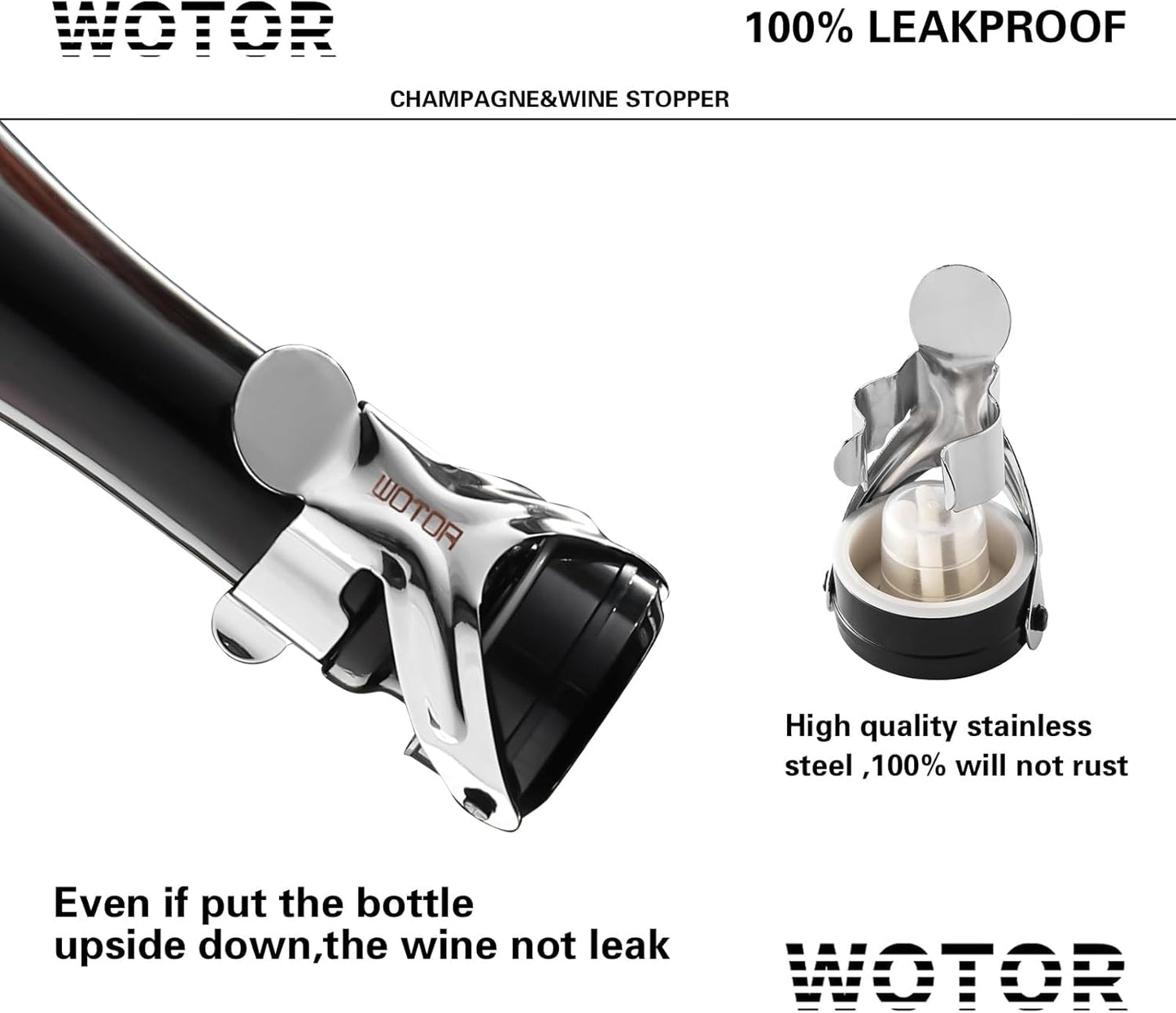 WOTOR Champagne&Wine Bottle Stoppers Stainless Steel with Food Grade Silicone, Leak Proof Keep Fresh Reusable Saver, Cork Suitable for Wine, Champagne, Cava, Prosecco and Sparkling (4 Pack Silver）