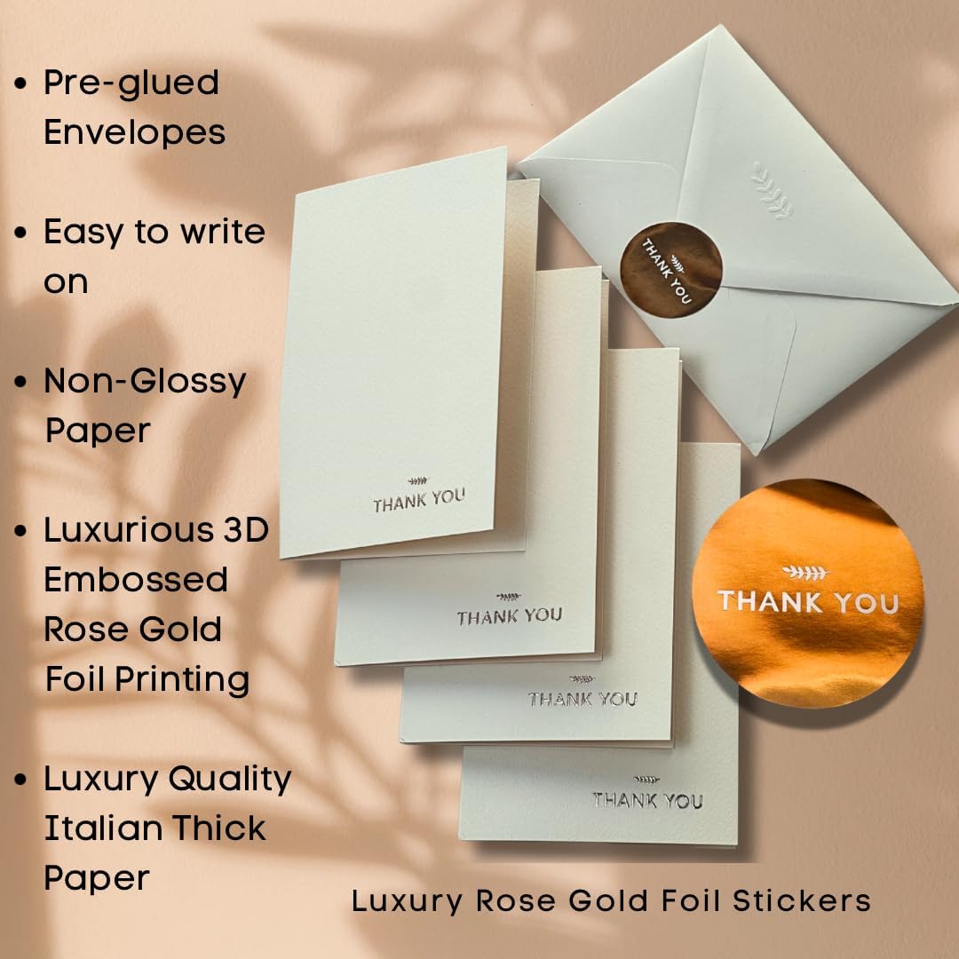 RUN2PRINT Ivory Thank-You Cards with Rose Gold Embossed Printing – 36 Premium Cards with Embossed Leaf Print Envelopes & Matching Stickers – Perfect for Weddings, Business, and All Occasions
