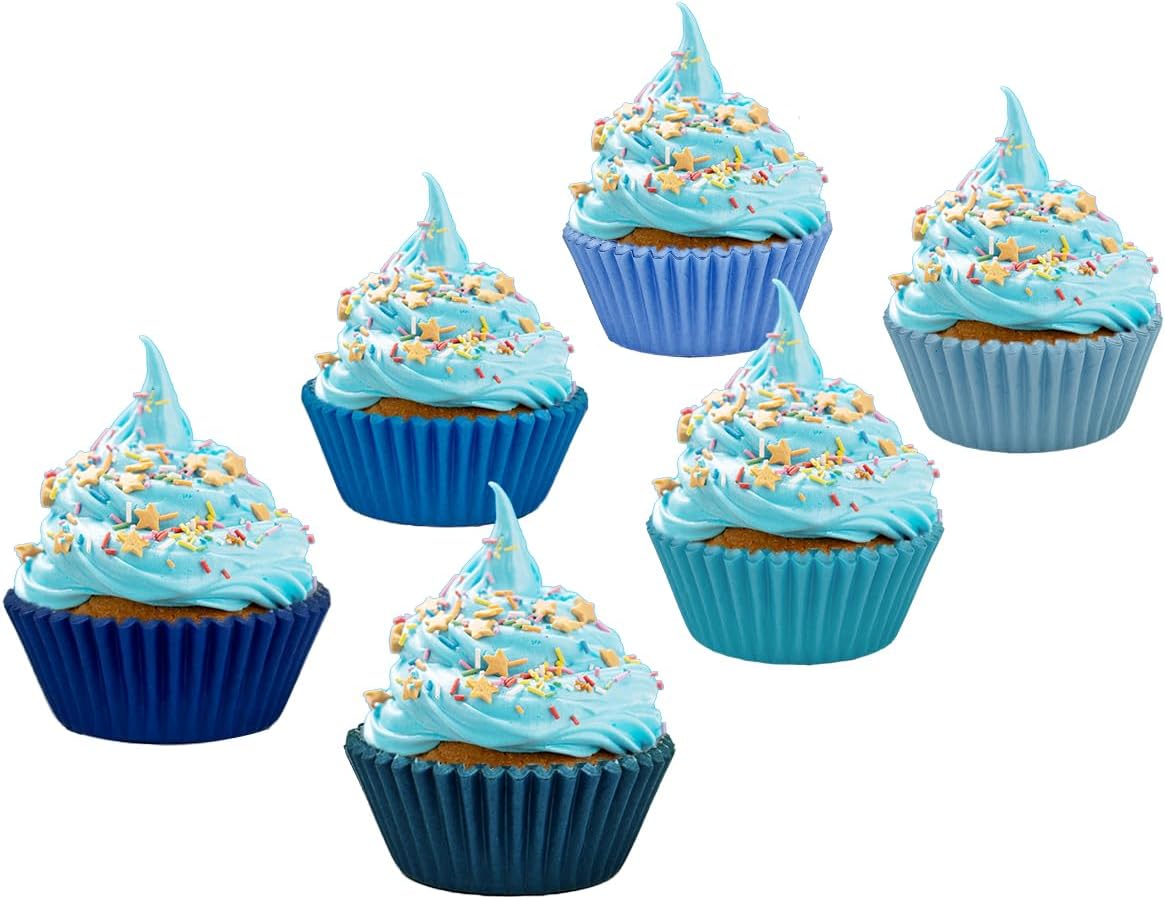 QiQee 300 Counts Cupcake Liners - Food Grade 6 Solid Blue Colors Cupcake Papers Muffin Baking Cups (Standard Size)