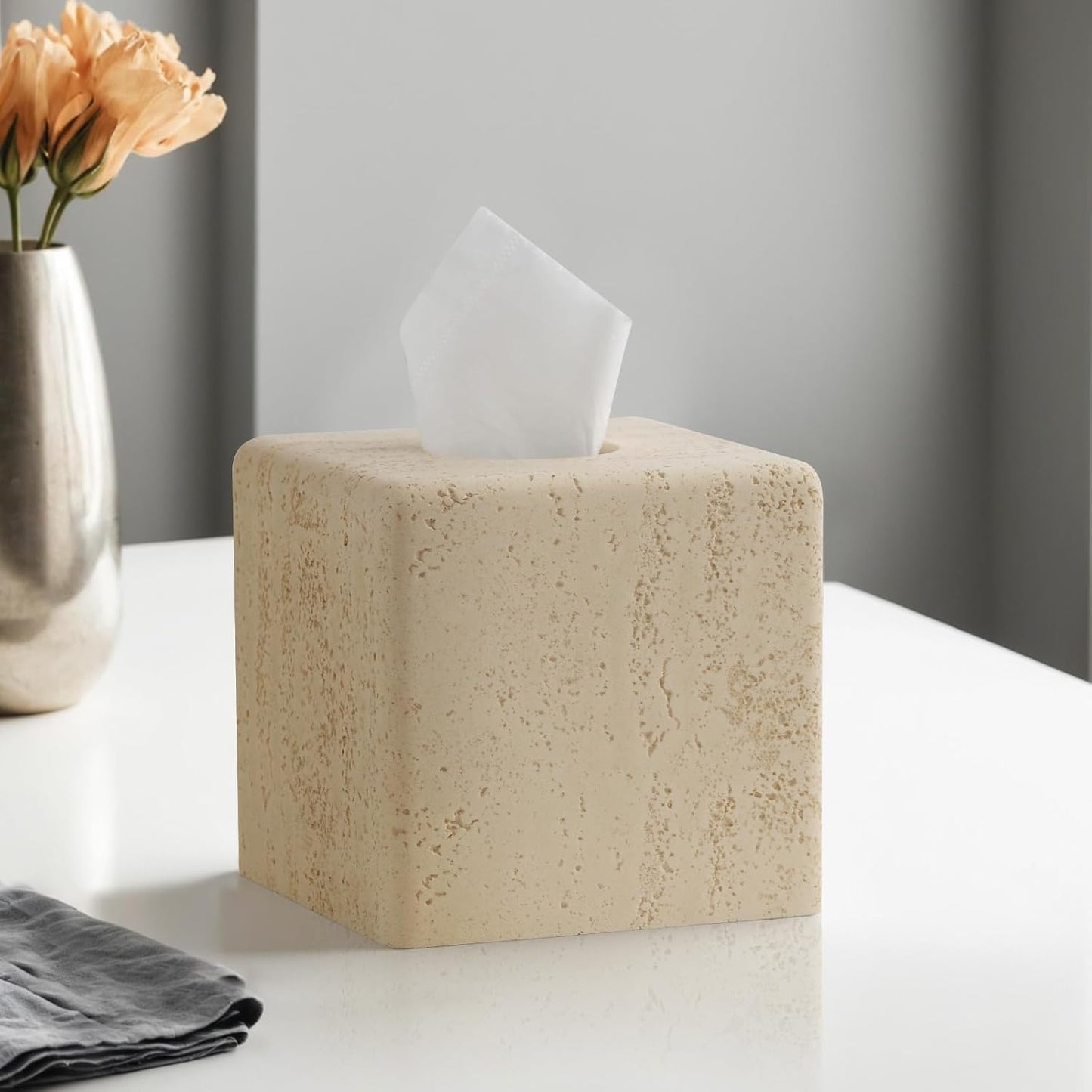 Tissue Box Cover Square, Resin Facial Tissue Holder Covers Toilet Paper Holder Decorative Travertine Paper Dispenser Home Decor for Bathroom Bedroom Living Room Office (Square Yellow)