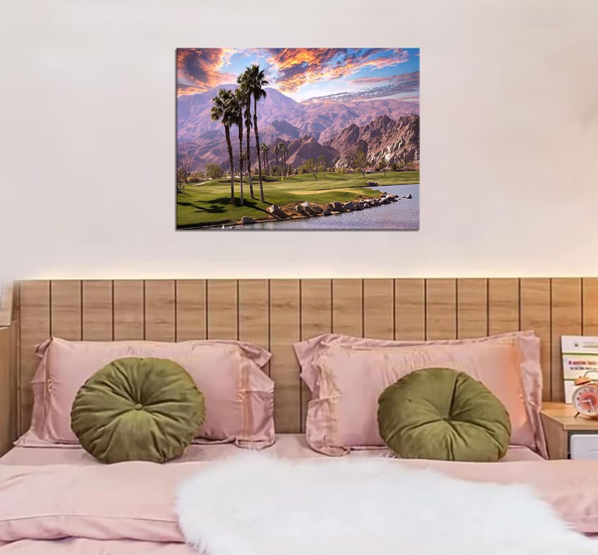 HJY Art USA California Golf Course Wall Art Golf Course Canvas Wall Decor Sunset Landscape Painting Poster for Home Decor Living Room Bedroom Office Club Gym Framed Artwork (12 x 16 inch)