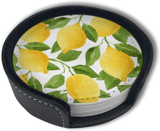 Lemon Leather Drinks Coasters with Holder Set of 6, Suitable for Kinds of Cups