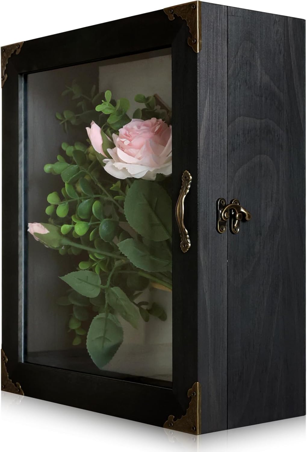 Shadow Box Frame 11x13, Depth 5in Shadow Boxes Display Cases, Acrylic Door, Rustic Burnt Wood, Vintage Metal Accents, Hinged Door, Metal Handle and Latch, Linen Back