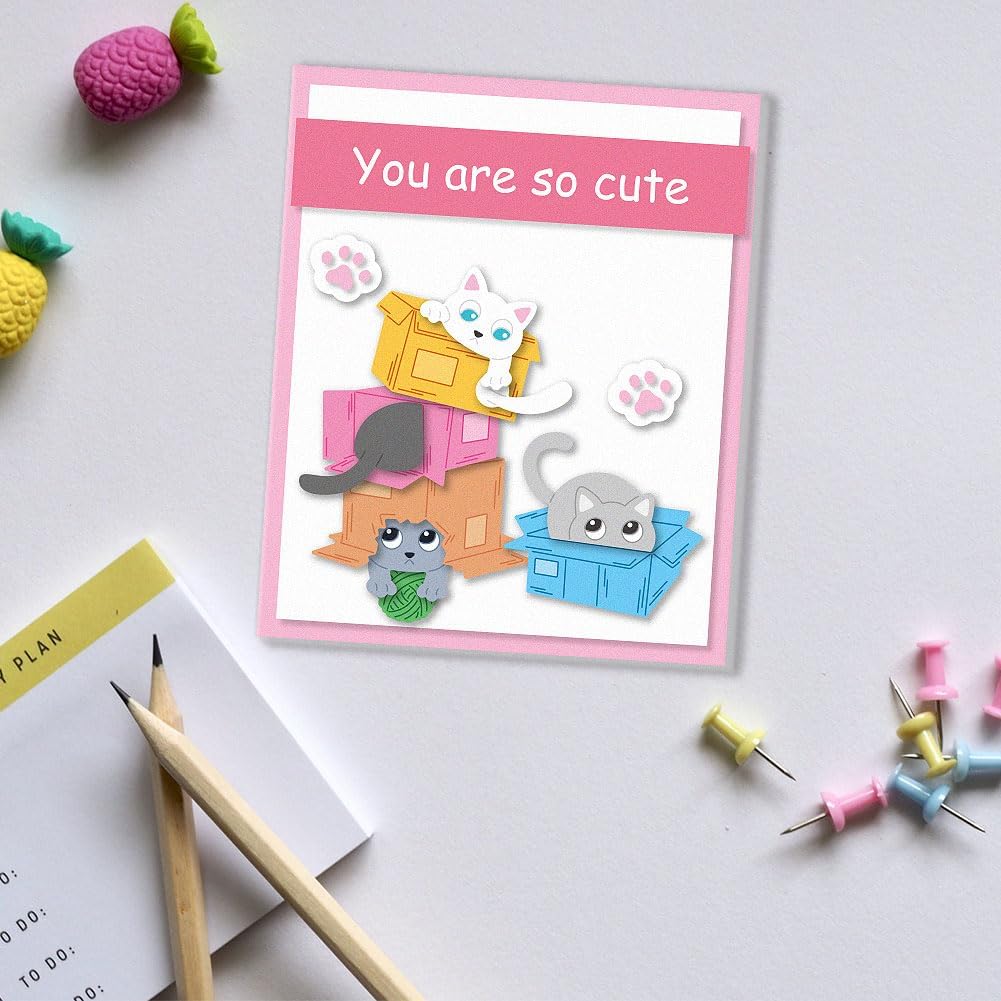 Cardboard Cat Cutting Dies Kitty Playing Scene Card Making Die Cuts Carbon Steel Stencils Scrapbooking Embossing Template Dies for DIY Craft Album Cat Lover Birthday Festival Gift Decor
