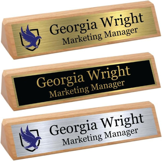 Custom Desk Wedge Name Plate - Personalized Titles and Styles (2x10 Inch, Solid Oak - w/Name Plate)