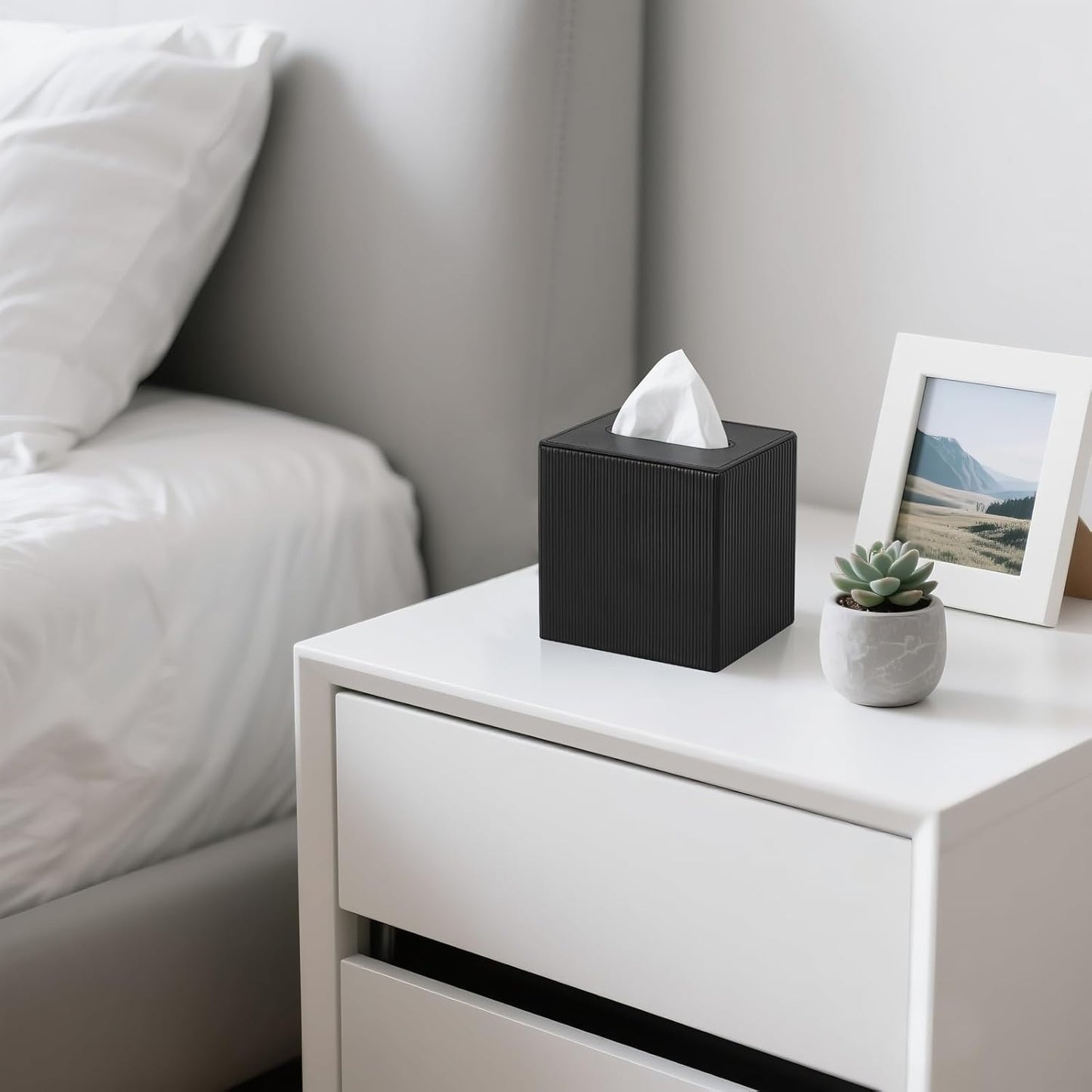 Mkono Tissue Box Cover PU Leather Square Tissue Box Holder with Bottom, Decorative Facial Cube Organizer for Bedroom Bathroom Dresser Vanity Countertop Night Stands Home Office Desk (Black)