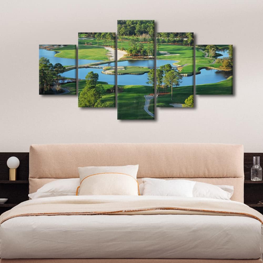 Green Golf Course Wall Art Golfing Sport Paintings for Living Room 5 Panels Prints on Canvas Bunker Pictures Landscape Artwork Gallery-Wrapped Home Modern Decor Framed Ready to Hang - 60"W x 32"H