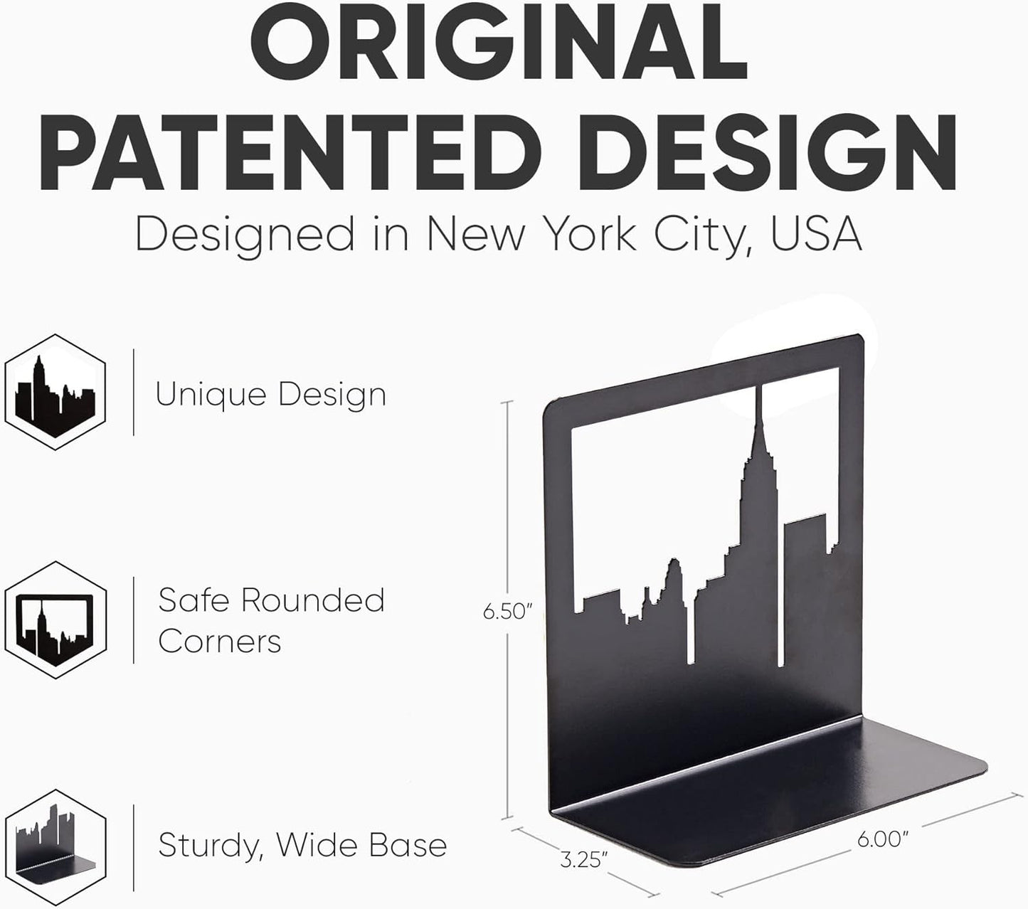 Geomod Decorative New York City NYC Skyline Metal Bookends (Black, 1 Pair) Book Ends for Tables, Desks, Shelves | Bookends to Hold Tall, Hardback Books…