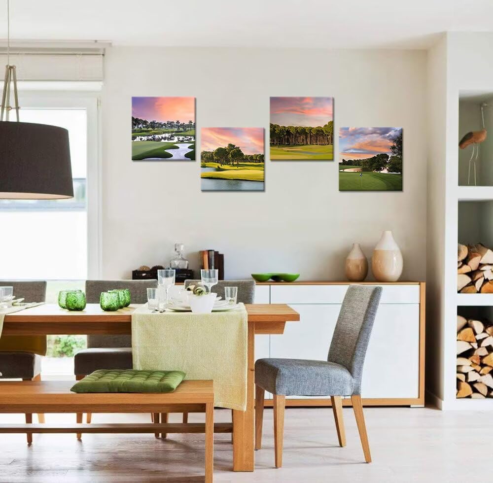 Pankila Golf Course Wall Art for Golf Gym Club Canvas Wall Decor Yellow Green Sunset Landscape Abstract Wall Painting Decor Living Room Bedroom Bathroom Frame Artwork (12''W x 12''H x 4)