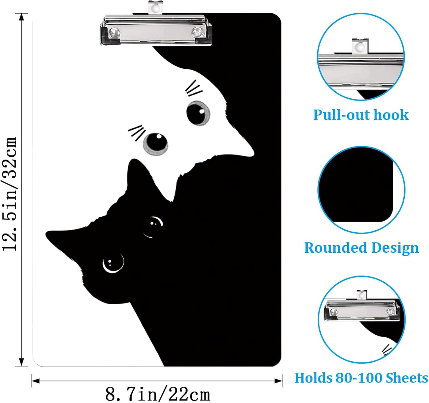 Clipboard Decorative,Clipboard Cute,A4 Letter Size Clip Board Pattern with Low Profile Clip,Paperboard for Office School Supplies Black and White Cat