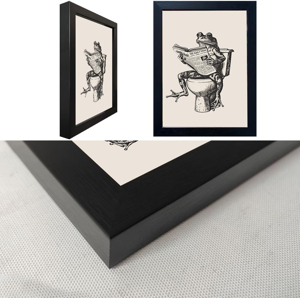Black Framed Bathroom Wall Art Funny Bathroom Wall Decor Frog on Toilet Reading Newspaper Canvas Print Animal Artwork Pictures for Decorations