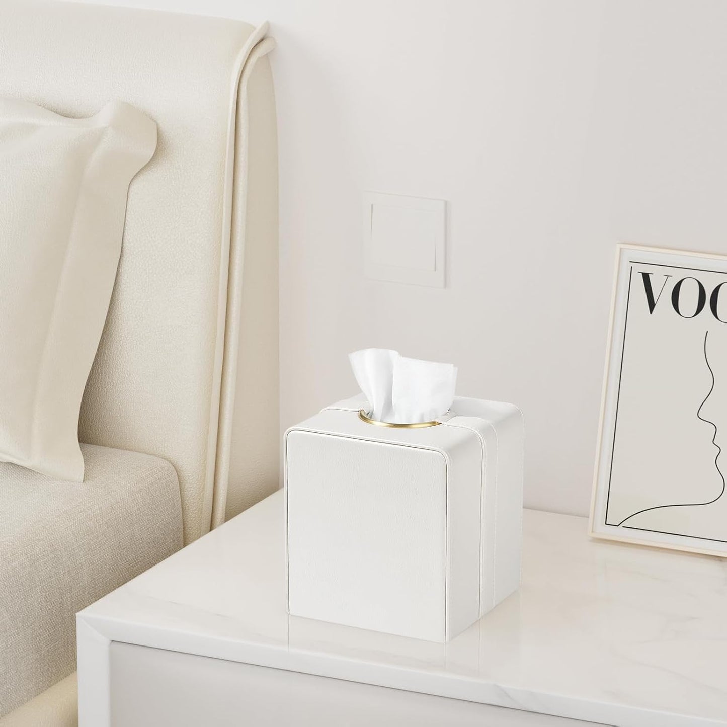 Luxury Square Tissue Box Cover, PU Leather Tissue Box Holder with Magnetic Closure and Gold Decorative Grommets for Bathroom Bedroom, Decorative Elegant Cube Tissue Holder (Cream)