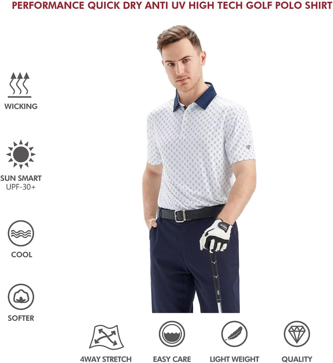 Golf Shirts for Men Dry Fit Short Sleeve Print Performance Moisture Wicking Polo Shirt