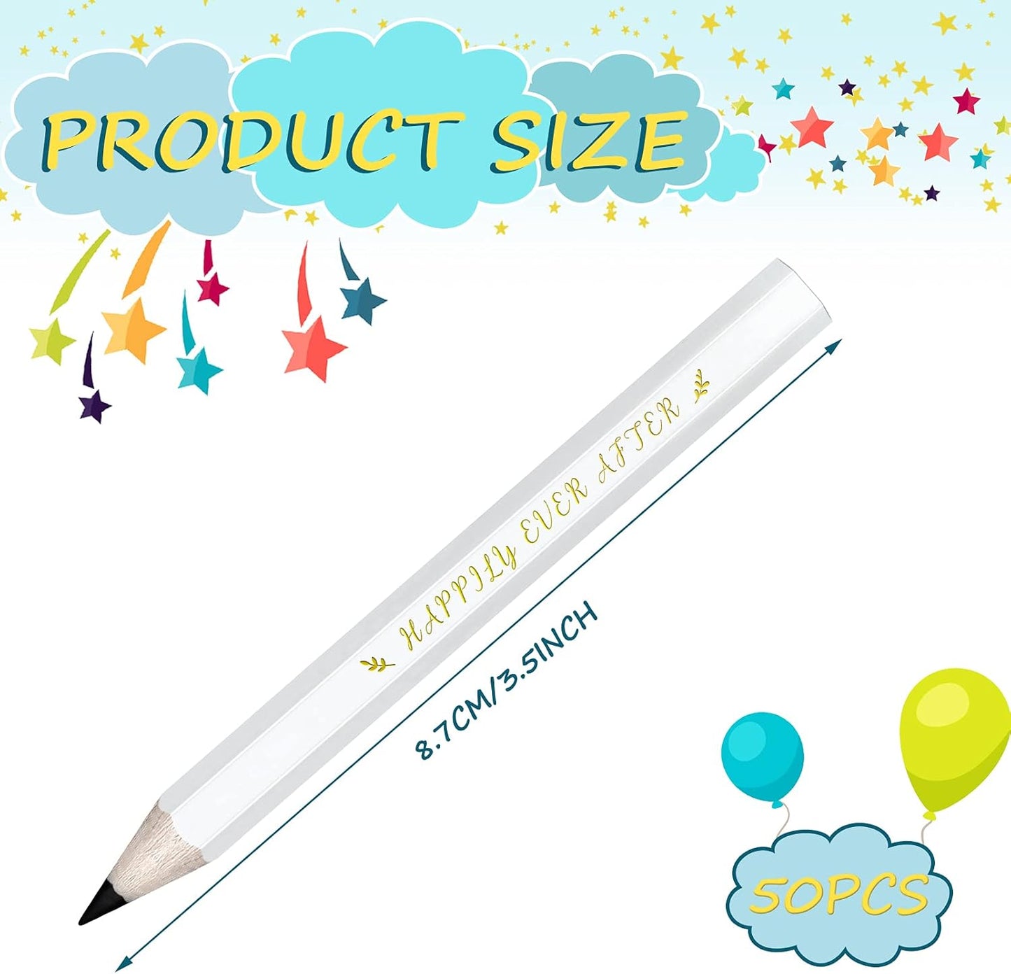 50 Pcs Wedding Half Pencils - Happily Ever After Mini Short Golf Pencils for Bridal Shower Favor Gift Company Meetings (White)