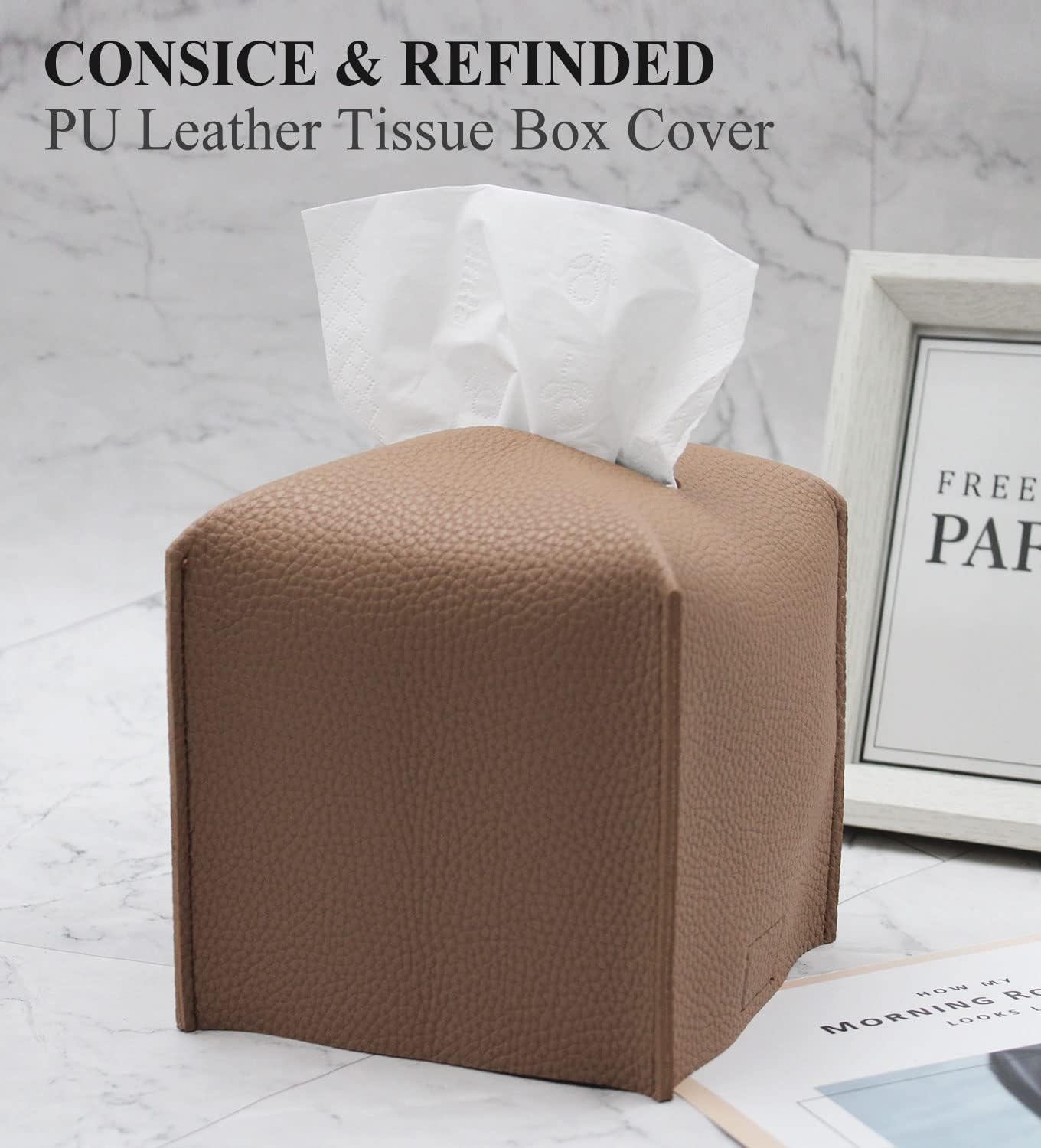 Livelab Tissue Box Cover, Square Decorative PU Leather Tissue Box Holder Modern Tissue Case Facial Paper Organizer Dispenser for Bathroom, Vanity Countertop, Night Stands, Desk, Car 5X5X5'' | Bronze