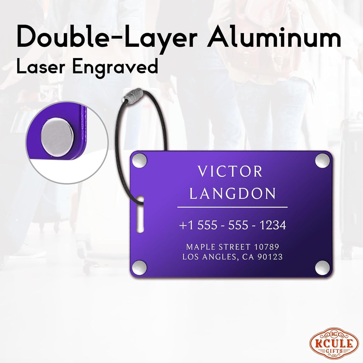 Personalized Luggage Tags for Suitcases - Aluminum Custom Luggage Tags for Backpacks & Bags, Sturdy, Waterproof & Heavy Duty (Purple/Card-Sized)