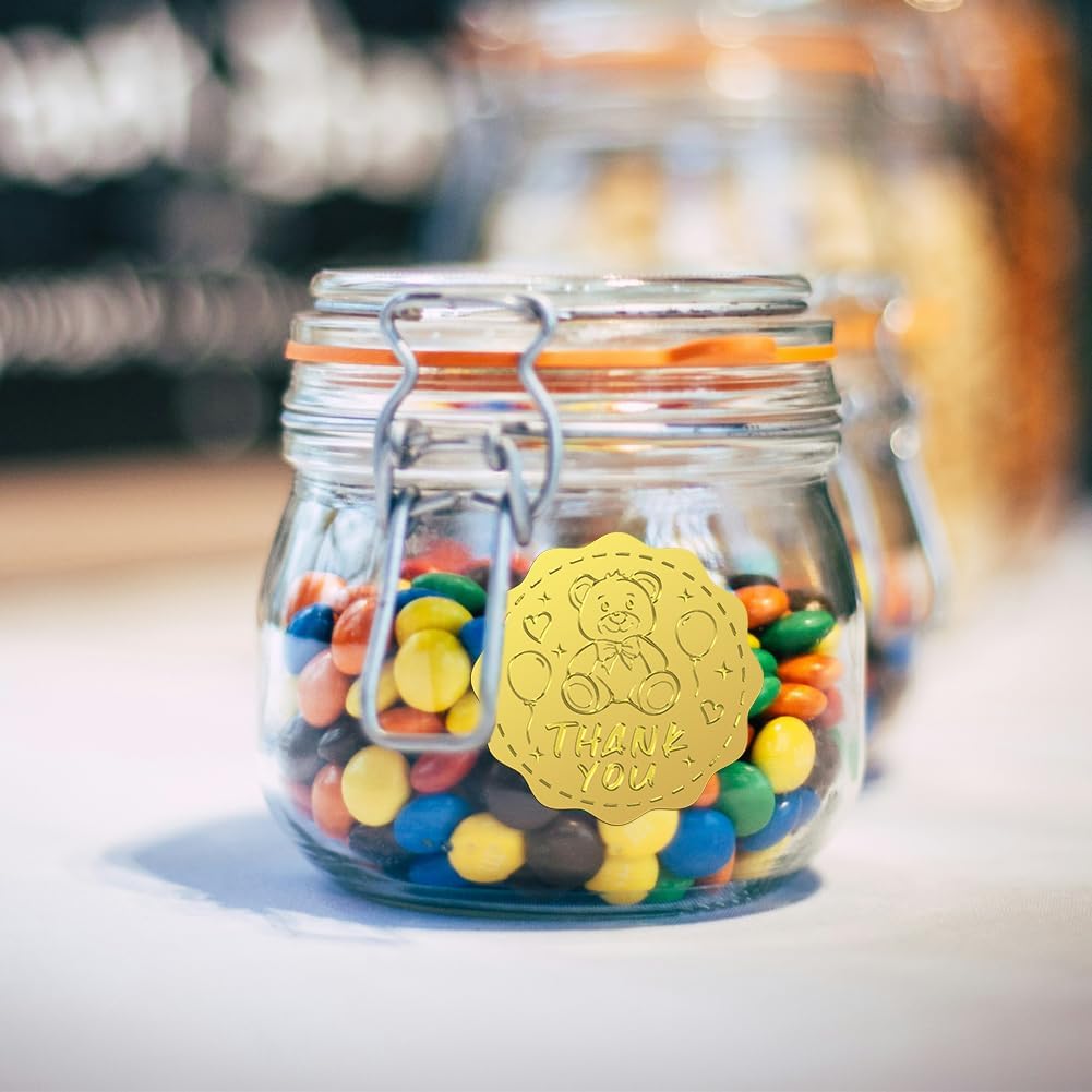 Peacoblue Gold Foil Sticker Seal Embossed 2 Inch 100Pcs Teddy Bear with Thank You, Self Adhesive Gold Around Embossing Sticker for Baby Shower Invitation Certificate Envelope Seal Gift Card Decoration