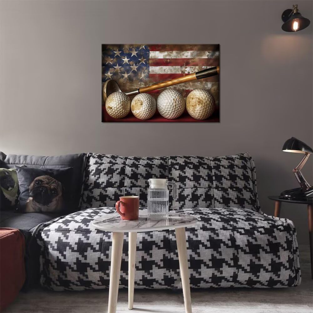 Golf Canvas Wall Art Vintage Golf Ball with American Flag Painting Artwork Leisure Sports Poster Golf Pictures for Living Room Office Club Home Decorations Framed Ready to Hang (18 x 24 inch)