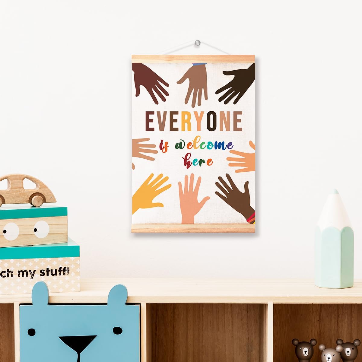 Multicultural Diversity Equality Poster Hanger Frame for Classroom School Nursery Wall Decor,Every One is Welcome Here Classroom Canvas Wall Art Poster Print Wall Hanging 16x12in