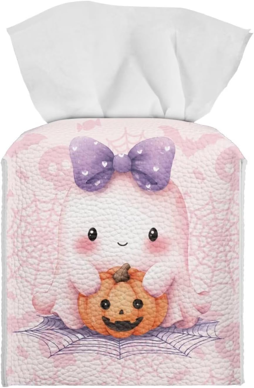 Cute Ghost Tissue Box Cover Halloween Tissue Box Holder 5x5x5 Facial Paper Organizer Halloween Home Accessories for Desk Bathroom Countertop Vanity