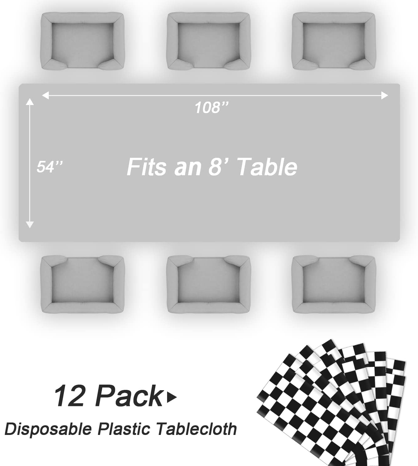 QIKSION Checkered Tablecloth Disposable 12 Pack, 54 x 108 Inch Black and White Checkered Flag Table Cloth for Rectangle Tables, Plastic Table Cover