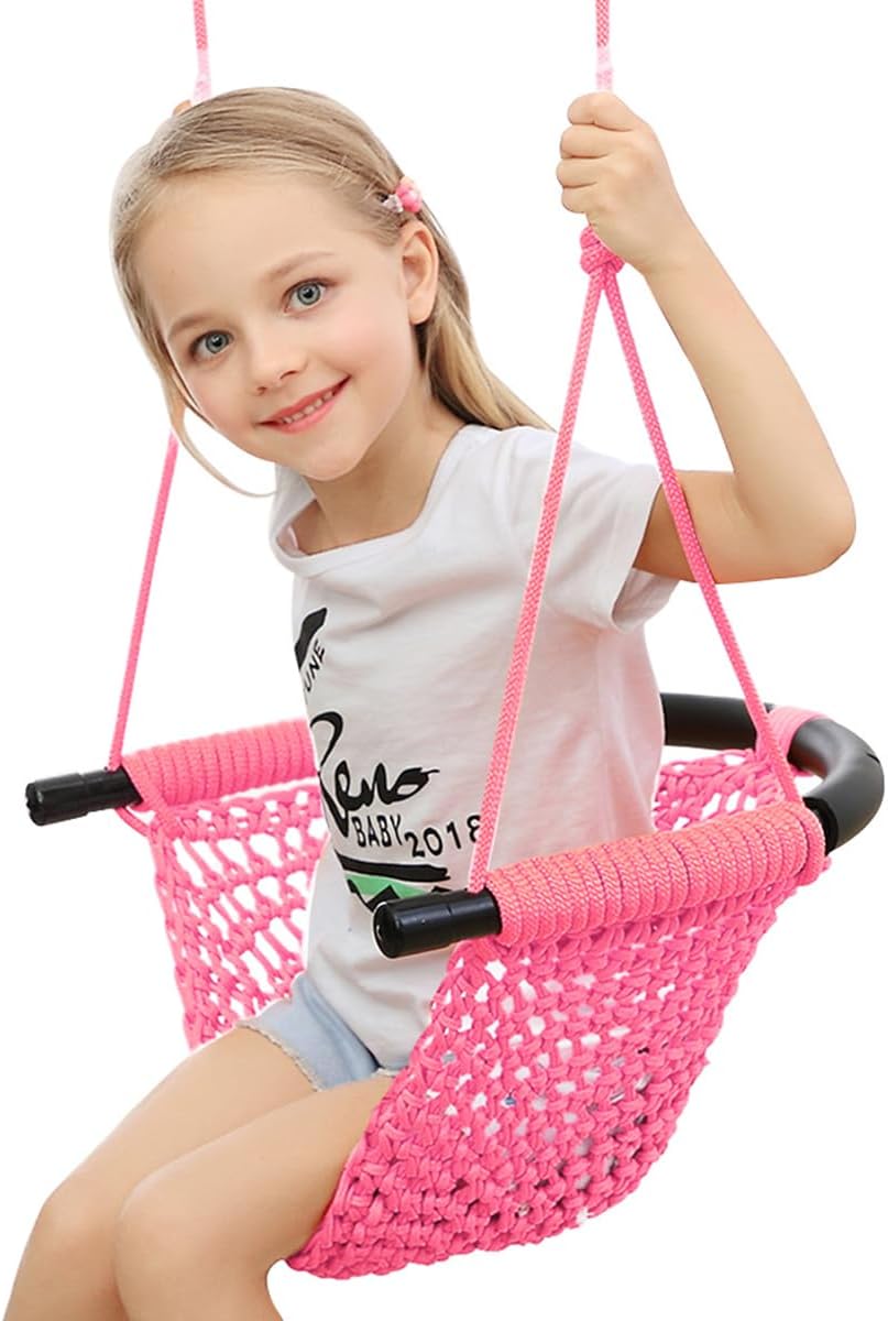 Hand-Knitting Toddler Swing, Swing Seat for Kids with Adjustable Ropes, Little tikes Swings Set, for Outdoor Indoor, Playground, Backyard (Pink)