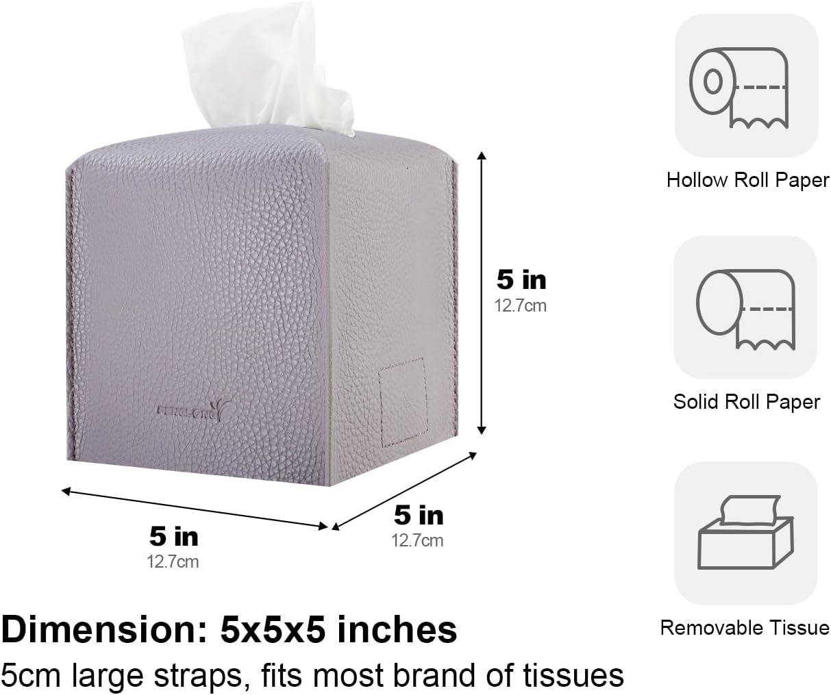 Tissue Box Cover 5X5X5'' PU Leather Tissue Holder Square Tissue Cube Box Organizer for Bathroom Vanity Countertop, Car, Night Stands, Office, Home, Kitchen (1Pack, Light Bray Purple)