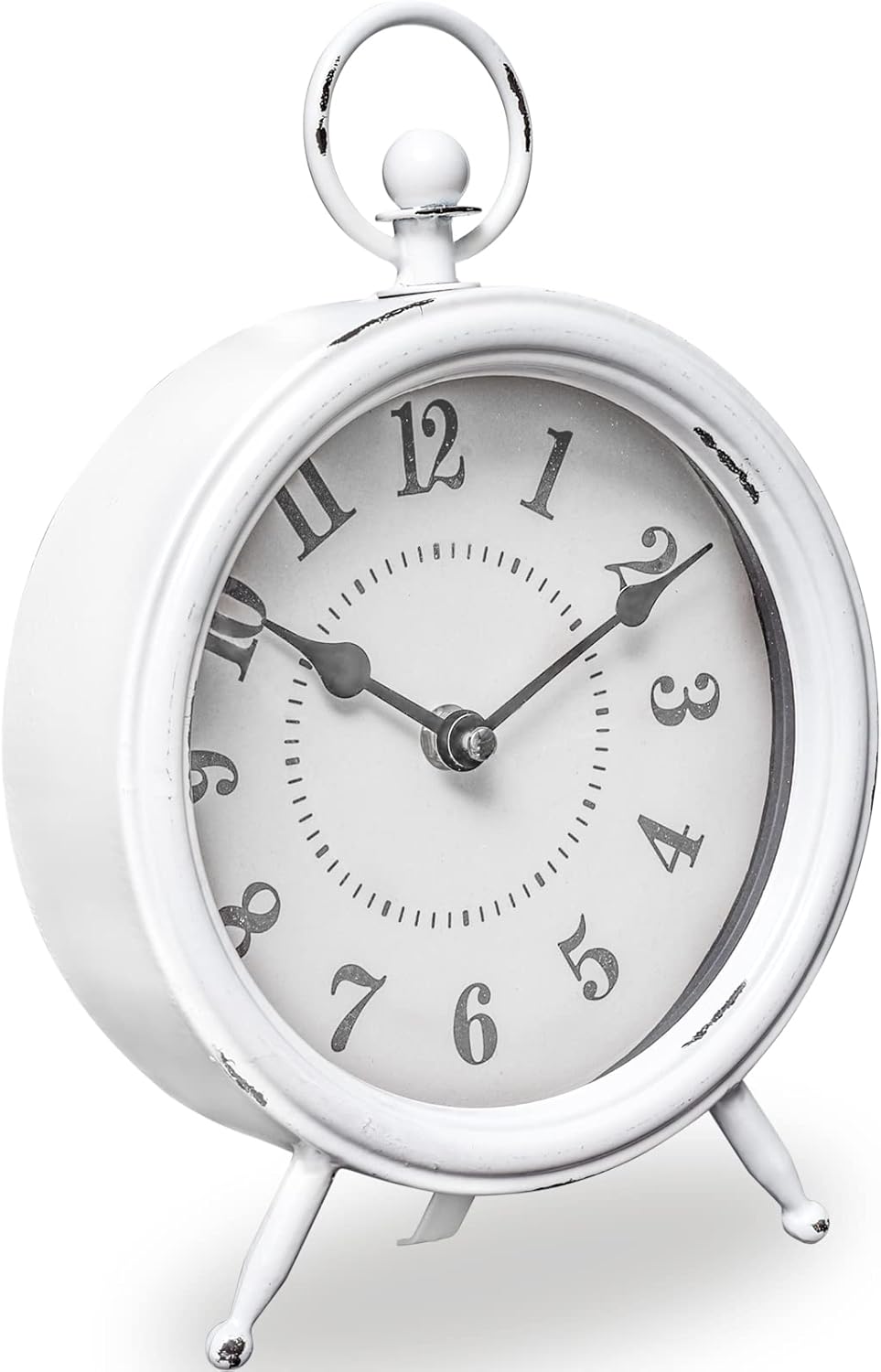 Vintage Rustic White Table Clock on Stand, Decorative Desk & Shelf Clock, Rustic Mantel Farmhouse Non-Ticking