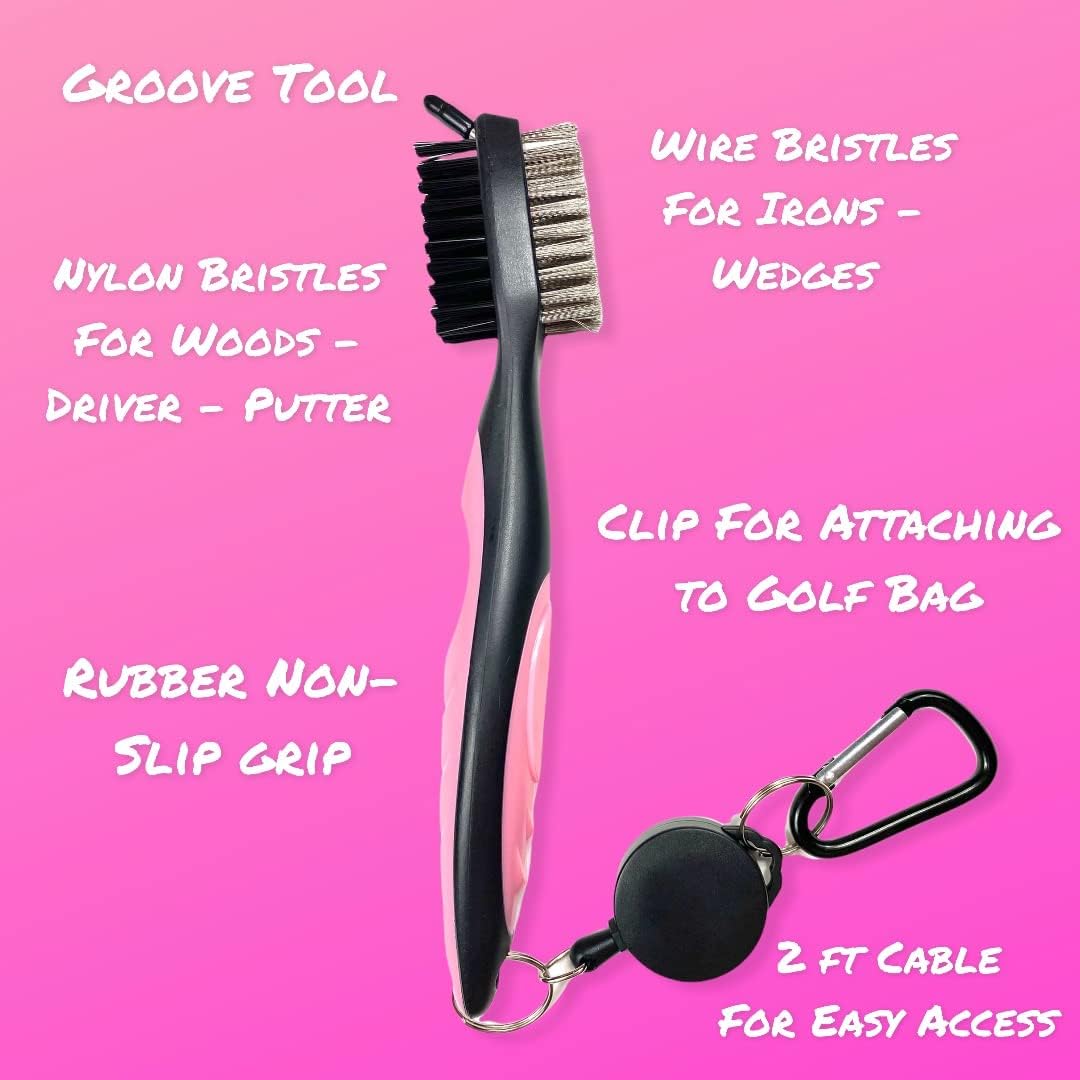 The Golfer's Workshop Club Cleaning Kit - 4oz Spray, Golf Club Brush with Groove Cleaner, 2ft Retractable Zip-line, Carabiner Clip (Pink)