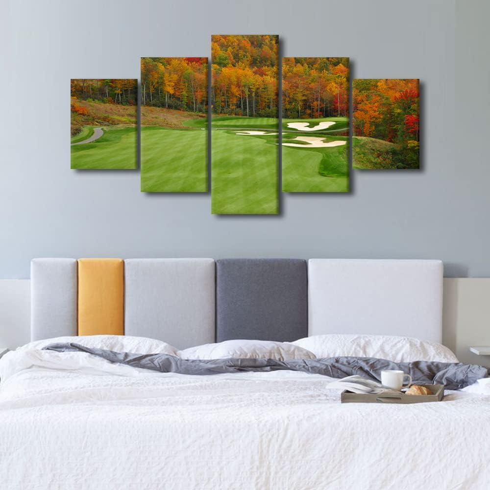 Golf Course Paintings Green Fairway Wall Art 5 Panel Printed on Canvas for Living Room Golfing Sport Pictures Contemporary Artwork Modern Home Decor Giclee Framed Stretched Ready to Hang - 60"W x 32"H