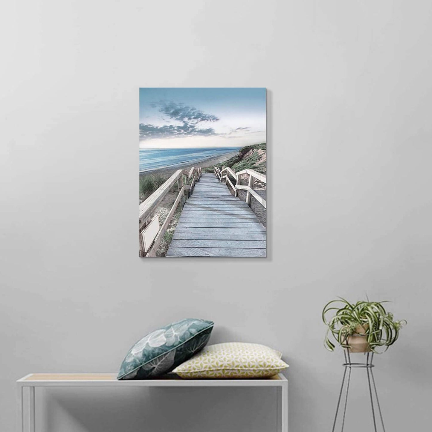 Beachside Wooden Path Wall Art: Bridge Boardwalk Stair Graphic Art on Wrapped Canvas for Wall Decor (18''x24'')