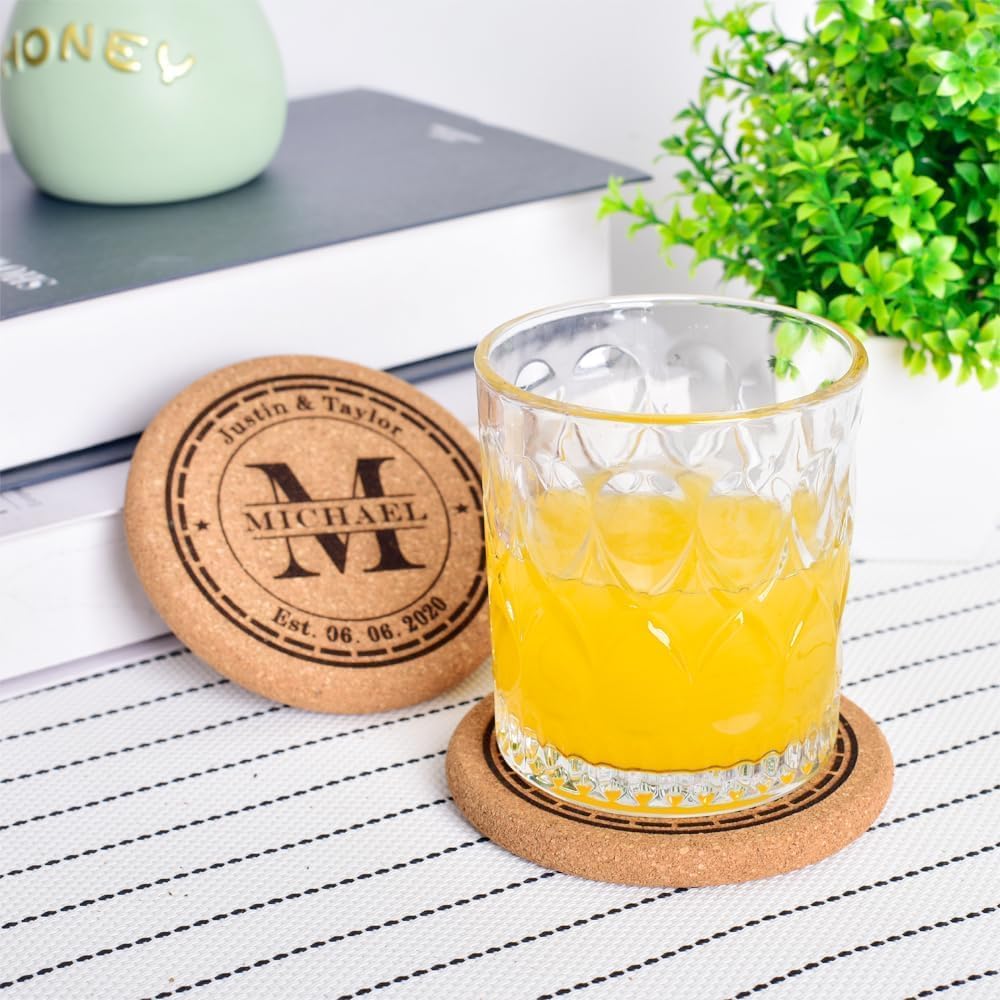 Personalized Cork Coasters for Drinks, Custom Engraved Absorbent Heat & Water Resistant Coasters for Cups and Mugs (M)