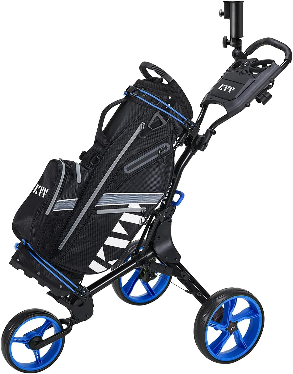 KVV 3 Wheel Golf Push Cart Ultra Lightweight Smallest Folding Size, New-Version Scorecard Holder