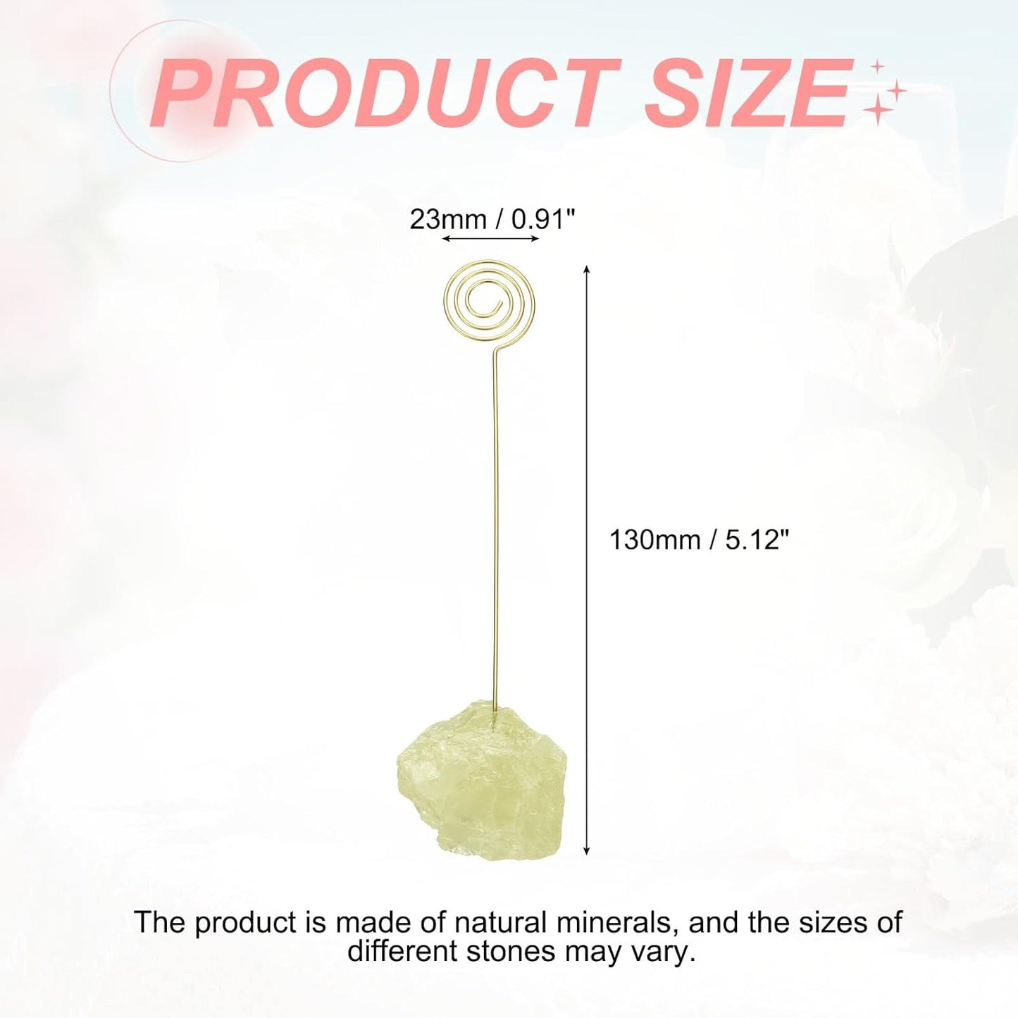 PATIKIL Table Number Holder, 1Pcs Photo Clip Holders Crystal Stone Quartz Desk Card Holder Raw Lollipop Shape Iron Memo Note Photo Stand for Wedding Party Home Office Decor, Yellow