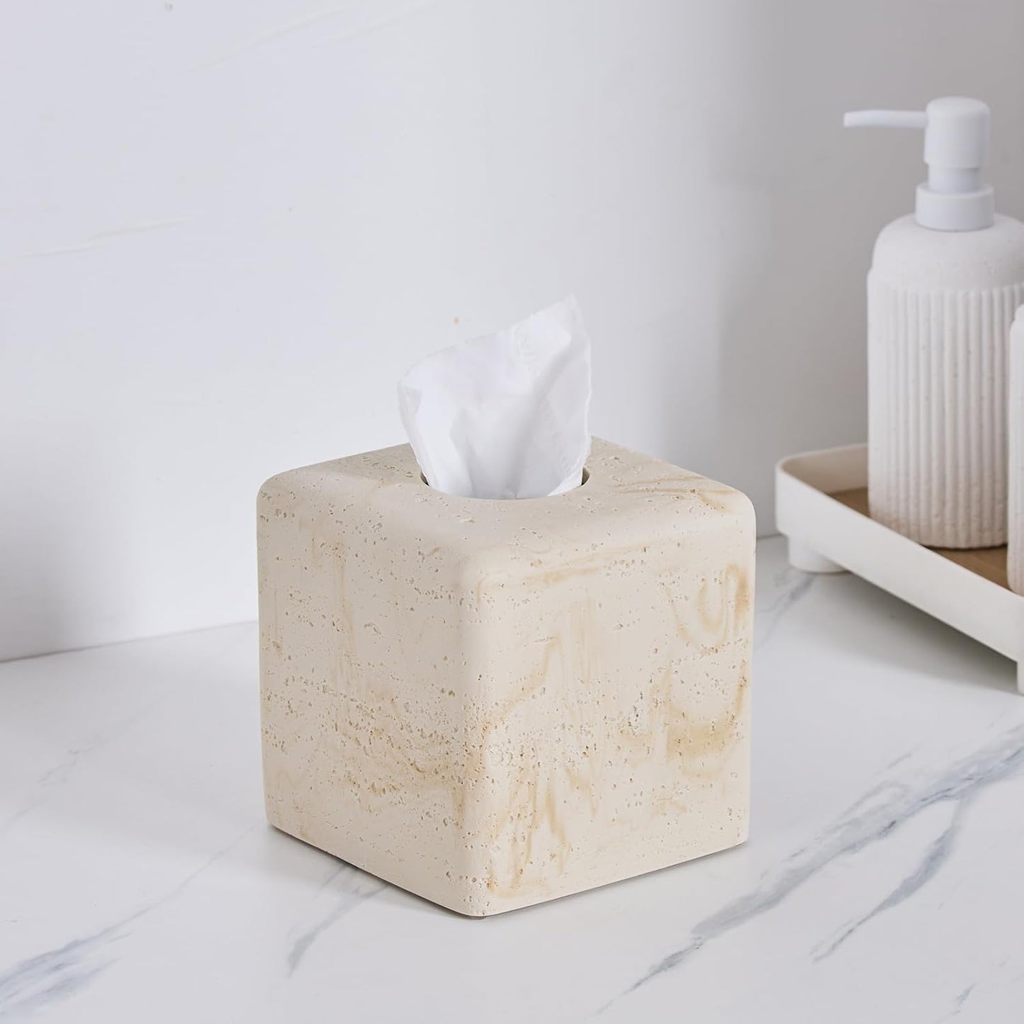 Natural Travertine Tissue Box Cover – Modern Resin Cube Holder for Bathroom, Bedroom, Office – Decorative Square Tissue Box for Countertop, Nightstand, Vanity & Desk – Heavy&Sturdy
