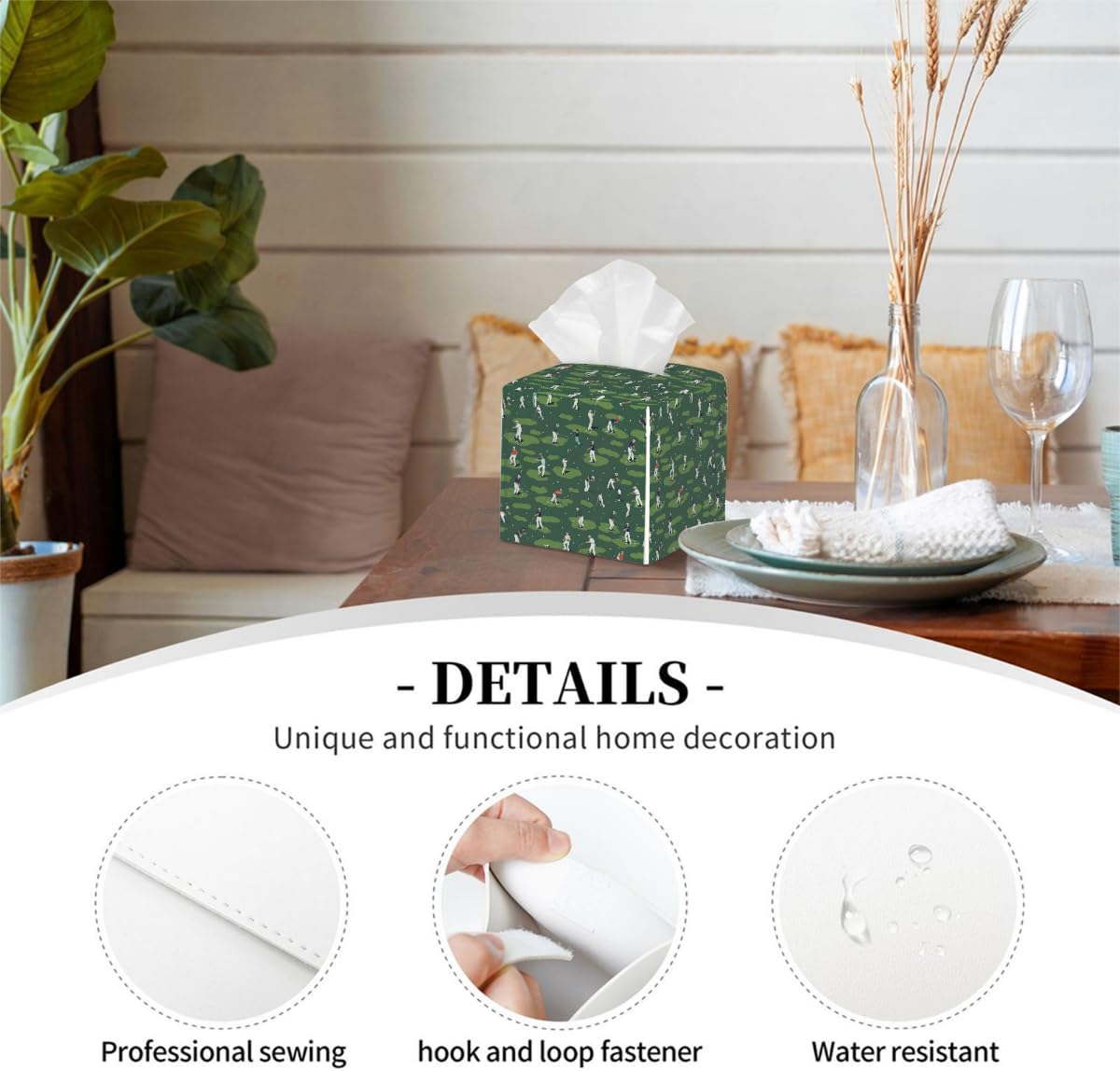 Square Leather Tissue Box Cover, Waterproof Napkin Dispenser with Golf Golf Player Print, Tissue Holder for Bathroom, Living Room, Bedroom, Office, and Car Decor