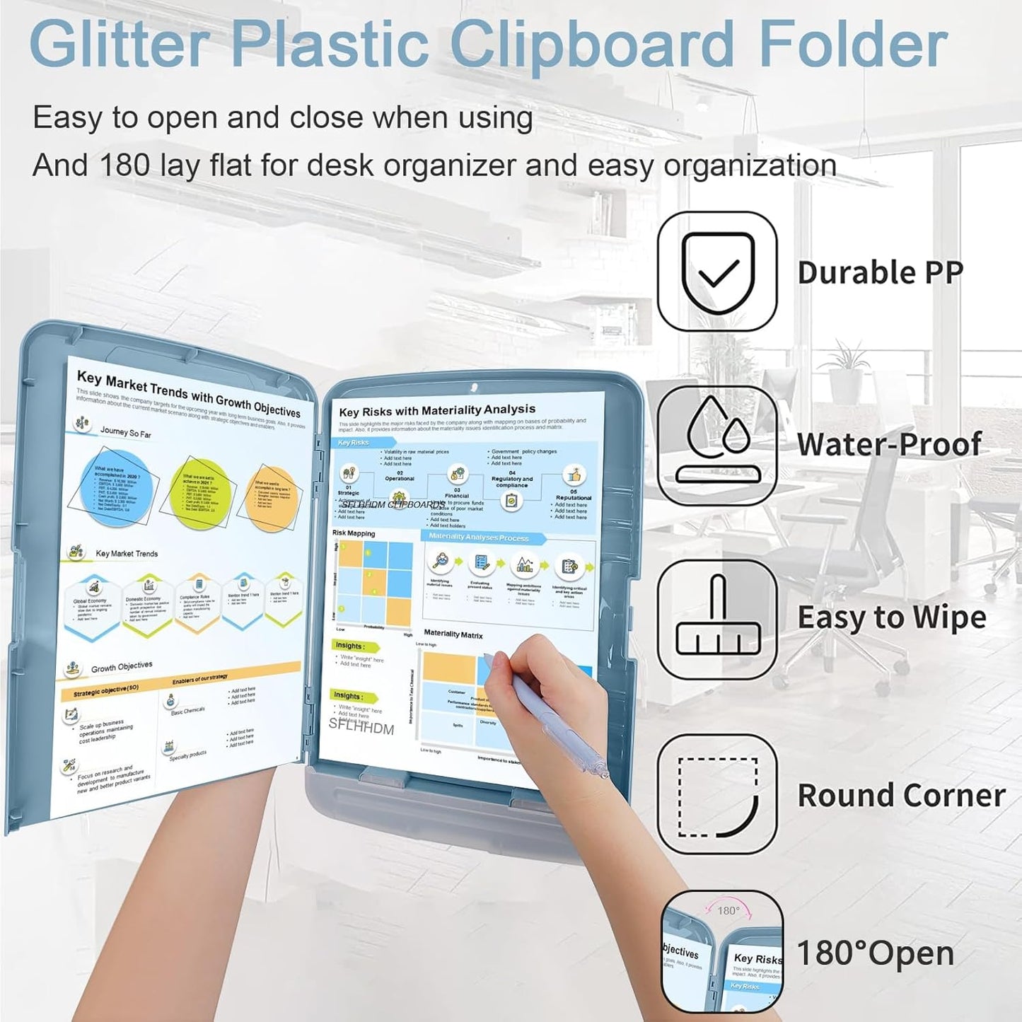 Clipboard with Storage,Storage Clipboard with Pen Holder, A4 Binder Clip Boards 8.5x11 with Low Profile Clip,Side Opening Nursing Clipboards, Clipboards Folder for Office Supplies-Light Blue